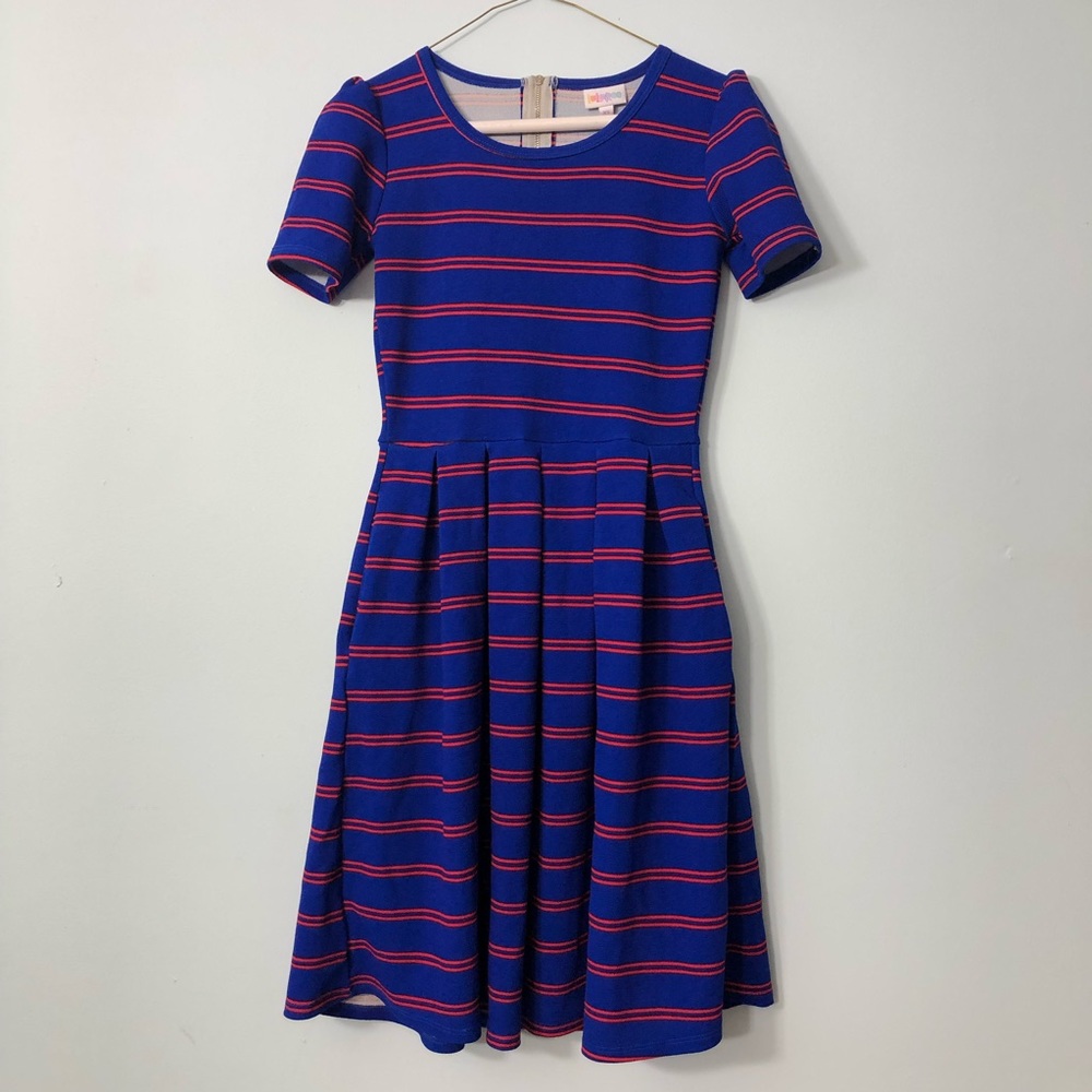 LuLaRose Amelia Dress Blue with Red Stripes  XS